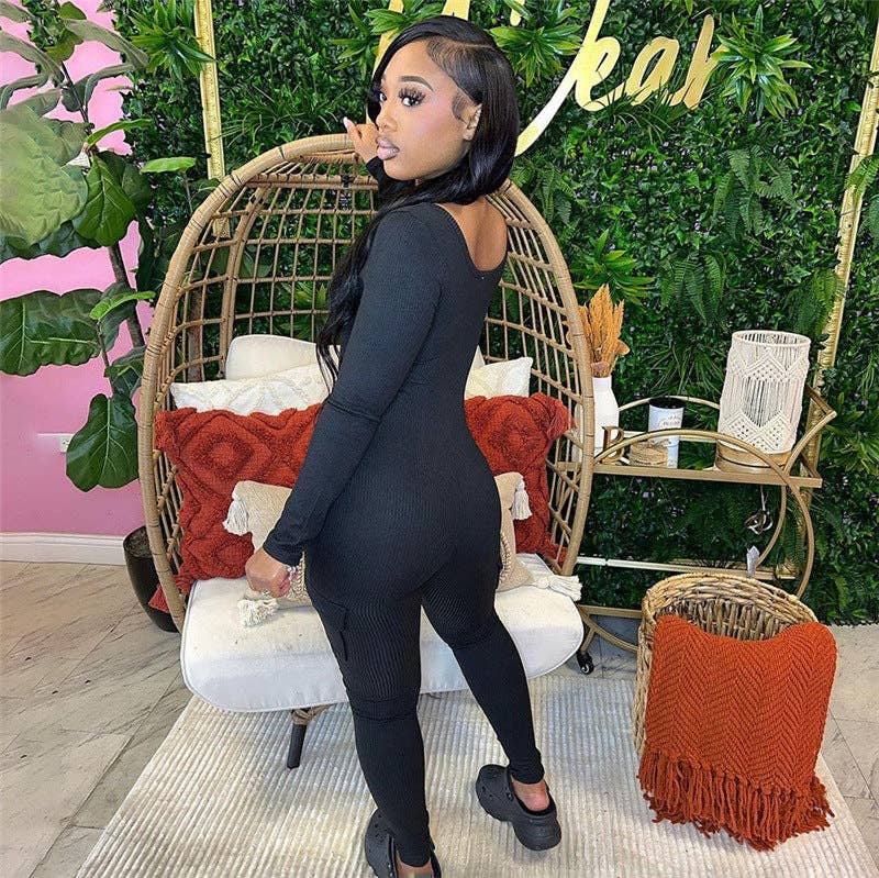 MB FASHION RIBBED JUMPSUITS WITH CARGO POCKETS 6414LY