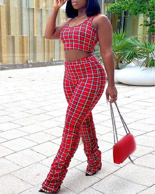 Plaid print crop top high waist fold pants set