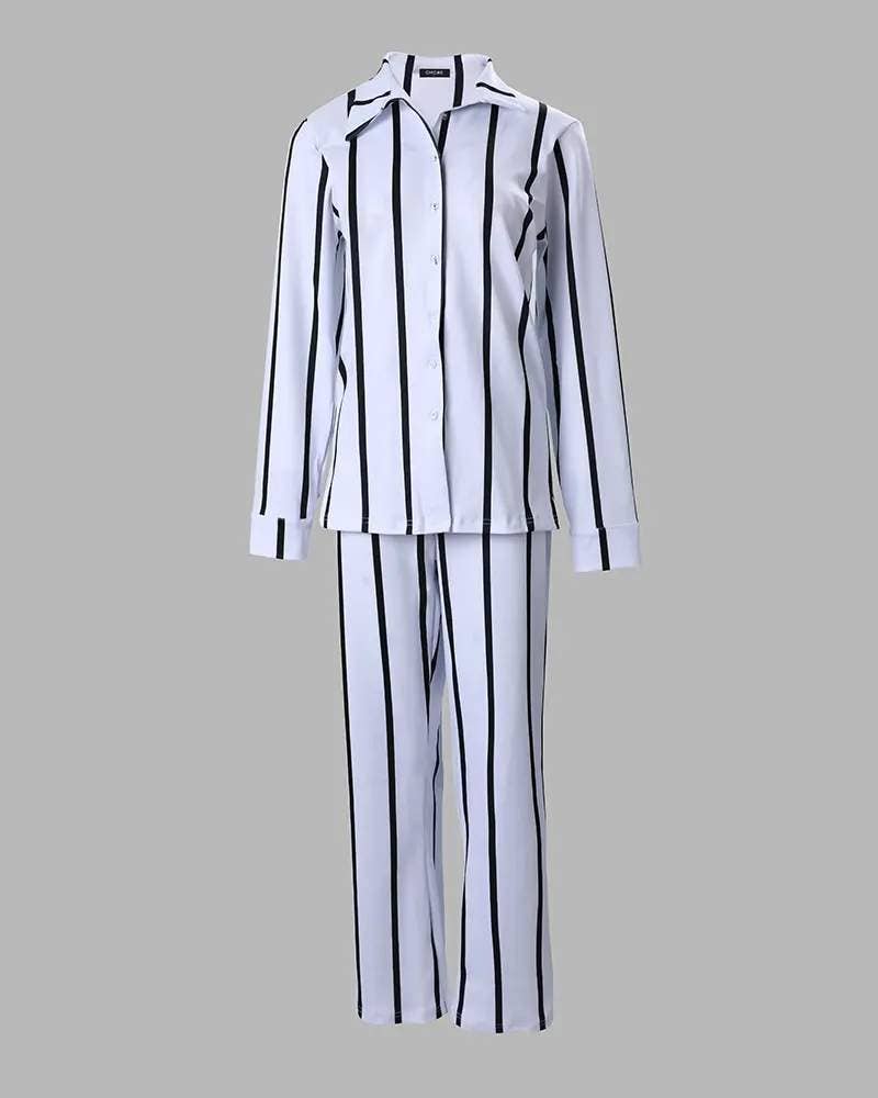 Striped long sleeve button down shirt pants set