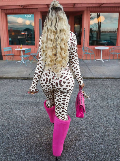 Two-Piece Leopard Print Long Sleeve Zip-Up Top & High-Waist Flare Pants Set