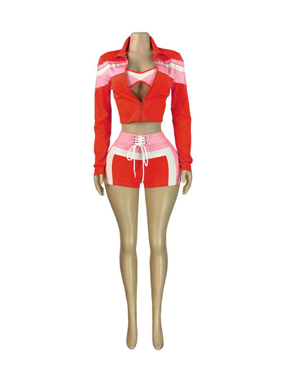 Three-Piece Zip-Up Jacket, Crop Top, and Lace-Up Shorts Set