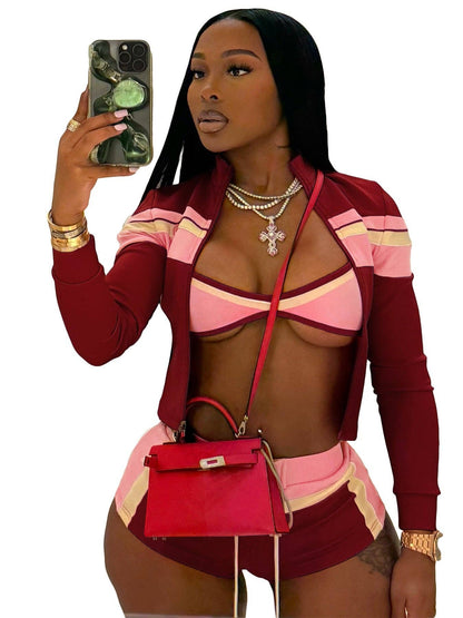 Three-Piece Zip-Up Jacket, Crop Top, and Lace-Up Shorts Set