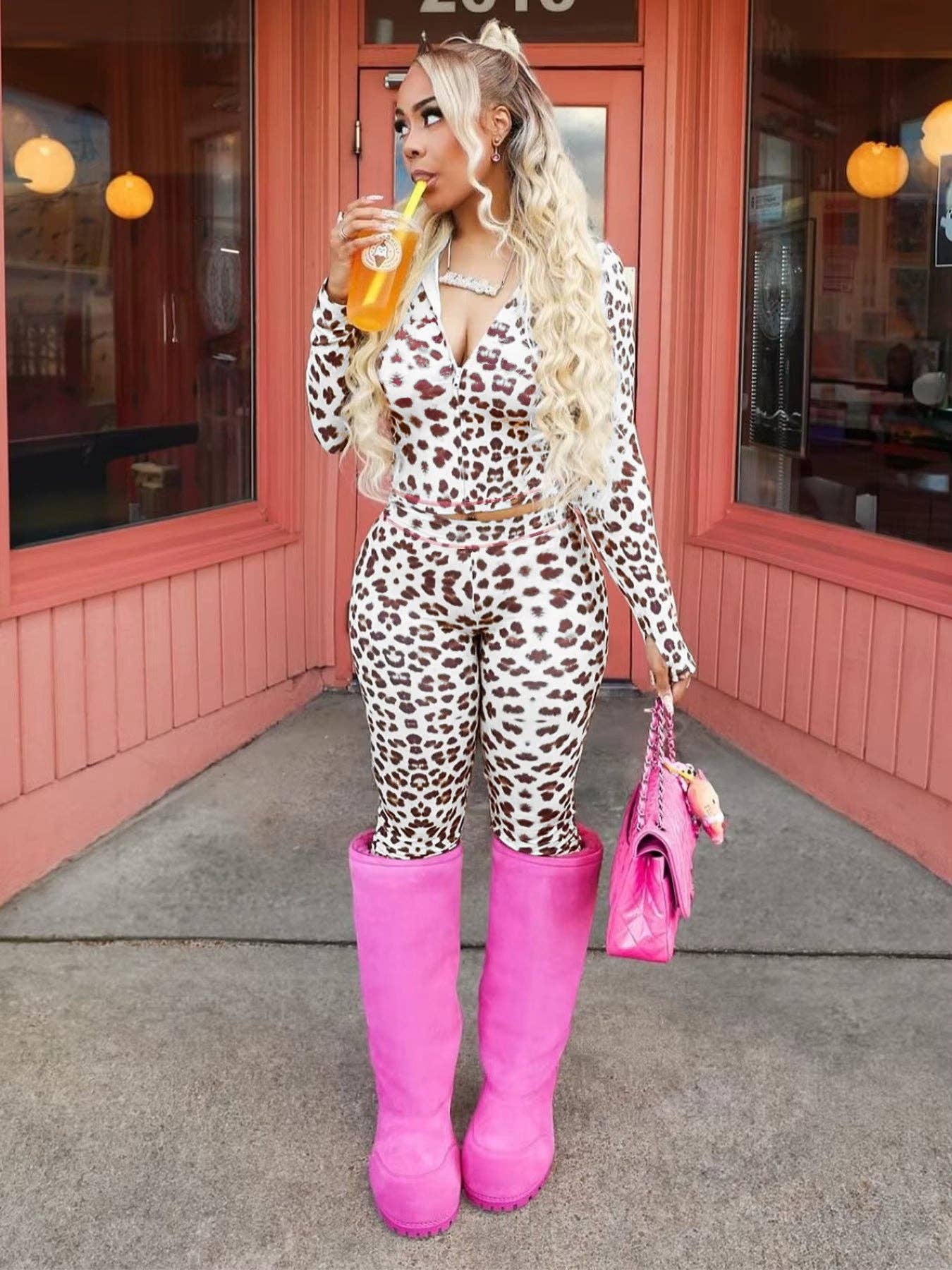Two-Piece Leopard Print Long Sleeve Zip-Up Top & High-Waist Flare Pants Set