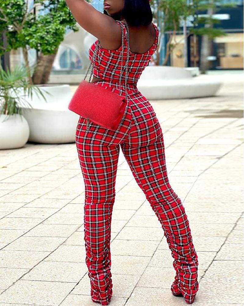 Plaid print crop top high waist fold pants set