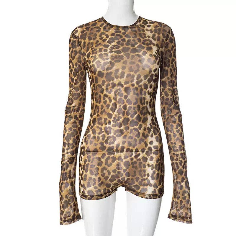 EVERY FASHION Long Sleeve Sheer Animal Print Jumpsuit with Open Back