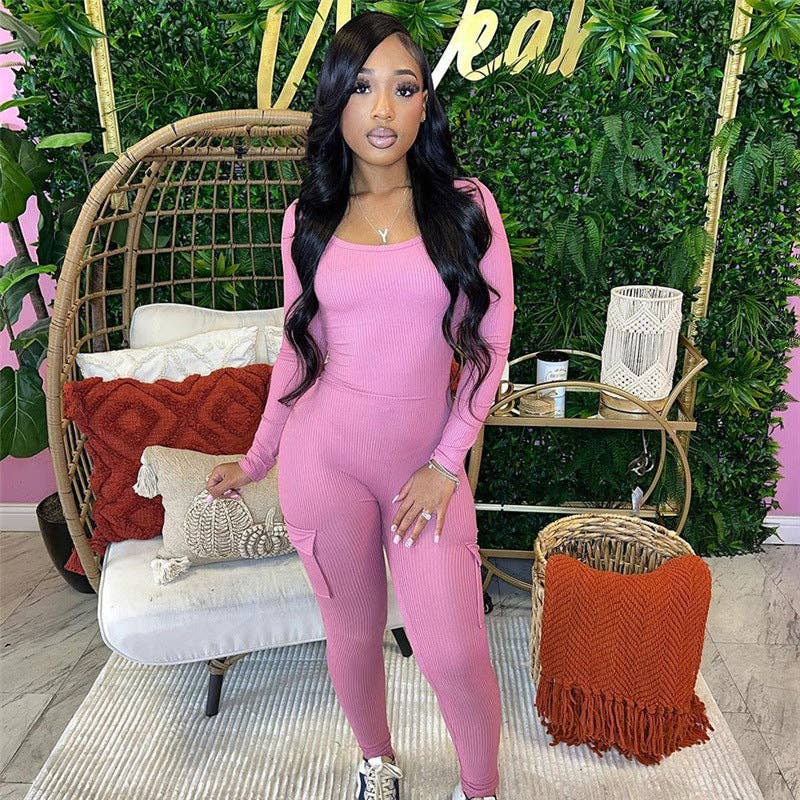 MB FASHION RIBBED JUMPSUITS WITH CARGO POCKETS 6414LY