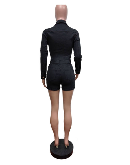 MB FASHION Long Sleeve Button-Up Denim Romper 8622LY