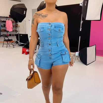 MB FASHION Strapless Button-Up Denim Romper
