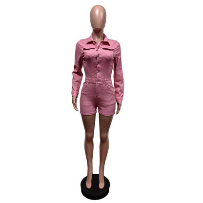MB FASHION Long Sleeve Button-Up Denim Romper 8622LY