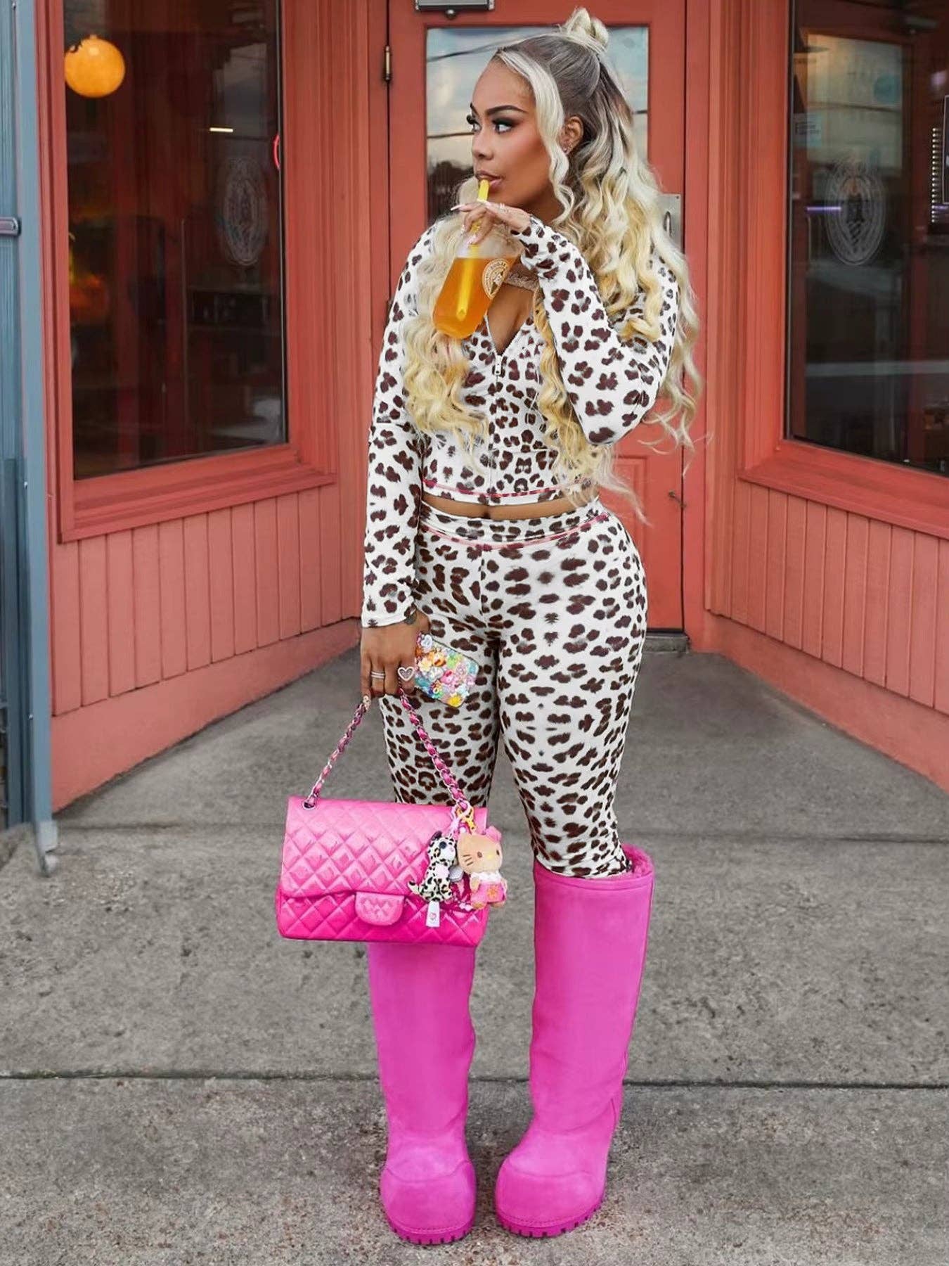 Two-Piece Leopard Print Long Sleeve Zip-Up Top & High-Waist Flare Pants Set