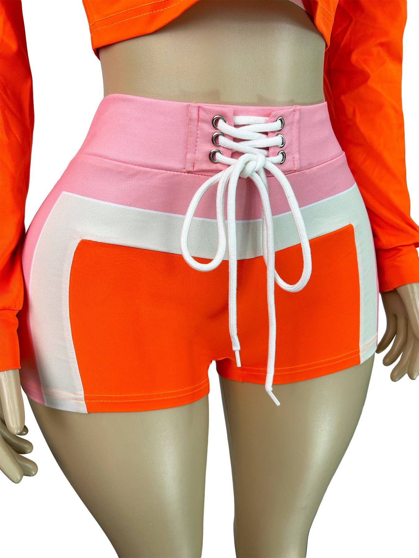 Three-Piece Zip-Up Jacket, Crop Top, and Lace-Up Shorts Set