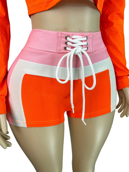 Three-Piece Zip-Up Jacket, Crop Top, and Lace-Up Shorts Set