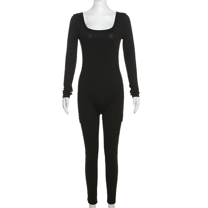 MB FASHION RIBBED JUMPSUITS WITH CARGO POCKETS 6414LY