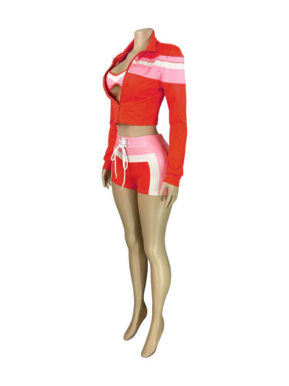 Three-Piece Zip-Up Jacket, Crop Top, and Lace-Up Shorts Set