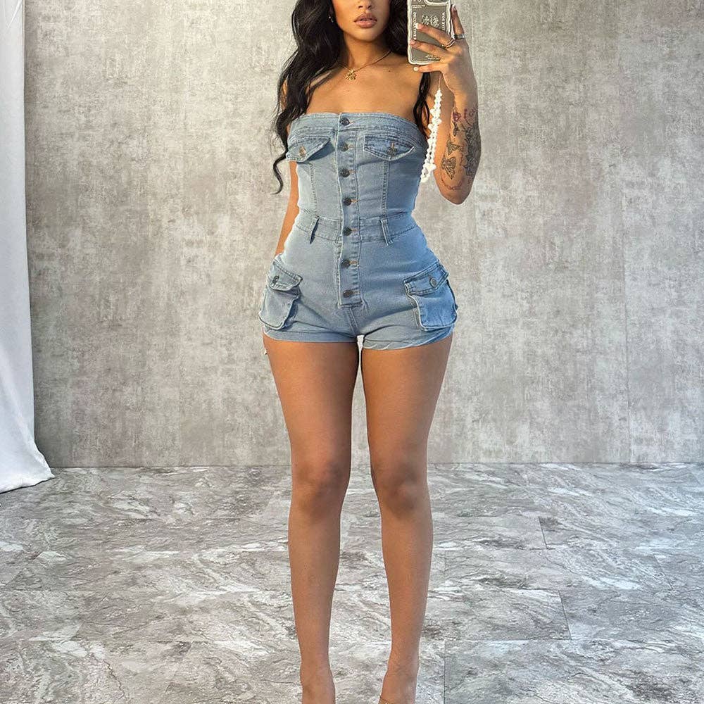 MB FASHION Strapless Button-Up Denim Romper