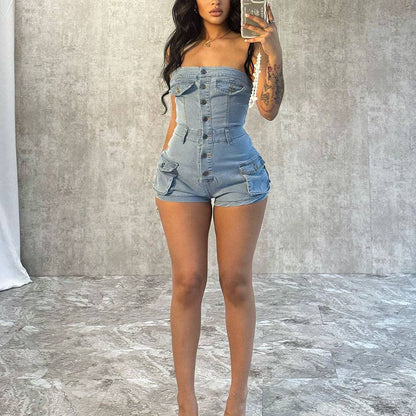 MB FASHION Strapless Button-Up Denim Romper