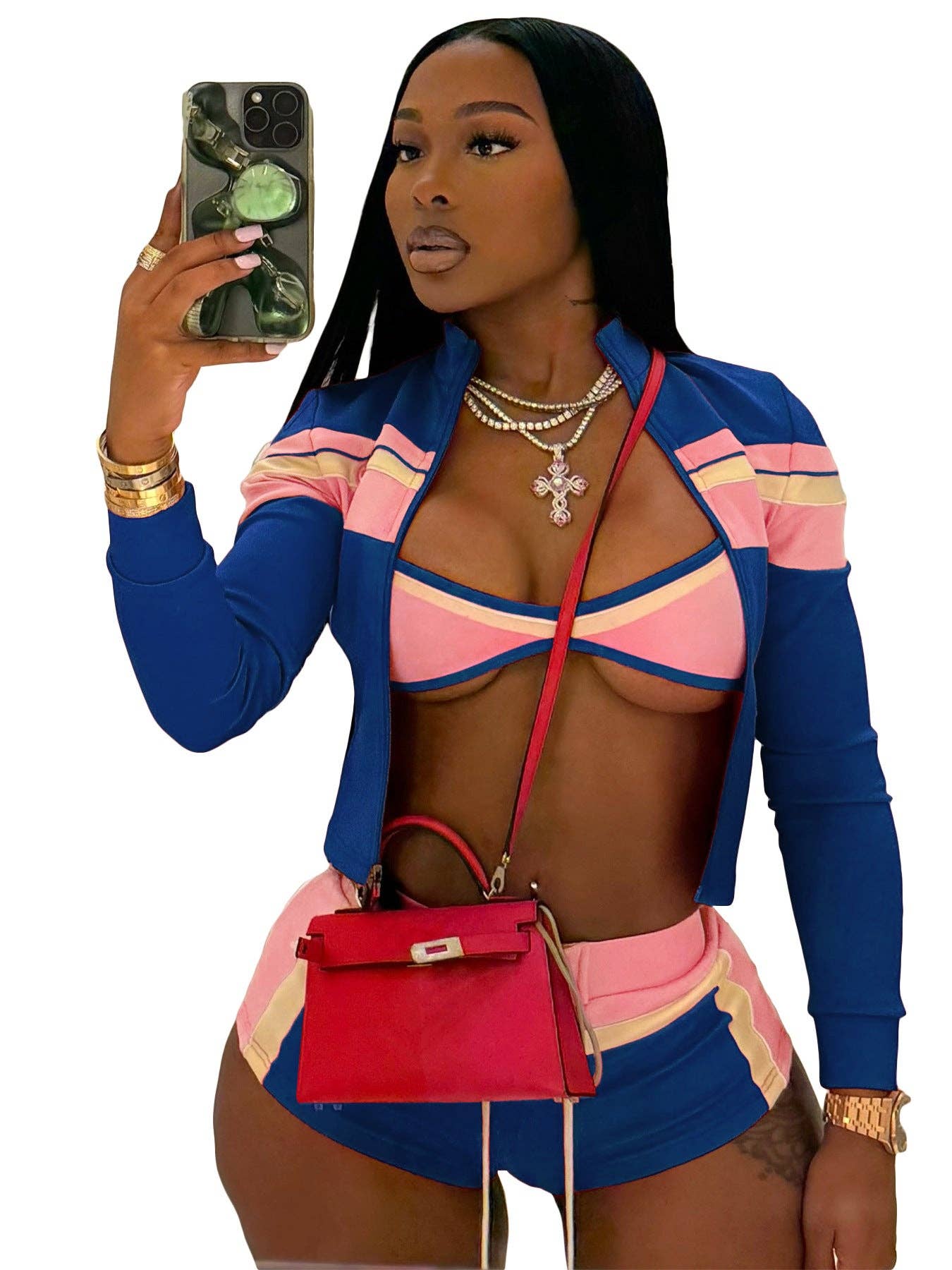 Three-Piece Zip-Up Jacket, Crop Top, and Lace-Up Shorts Set