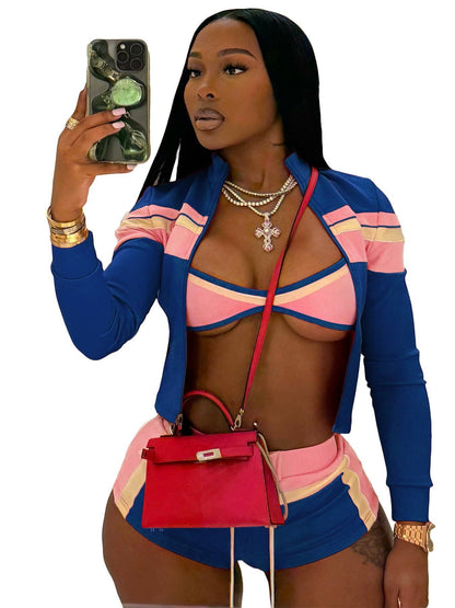 Three-Piece Zip-Up Jacket, Crop Top, and Lace-Up Shorts Set